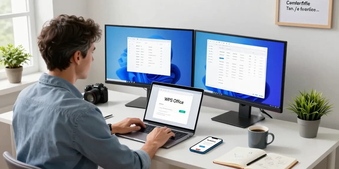 Download WPS Office on a laptop in a modern workspace with dual monitors and personal touches.