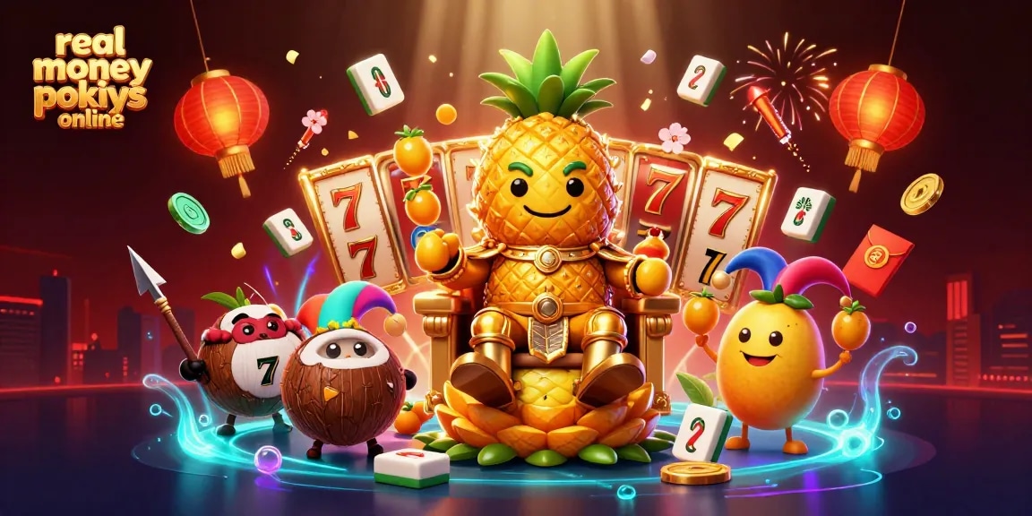 Join the excitement with real money pokies online featuring a golden pineapple king and vibrant casino elements.