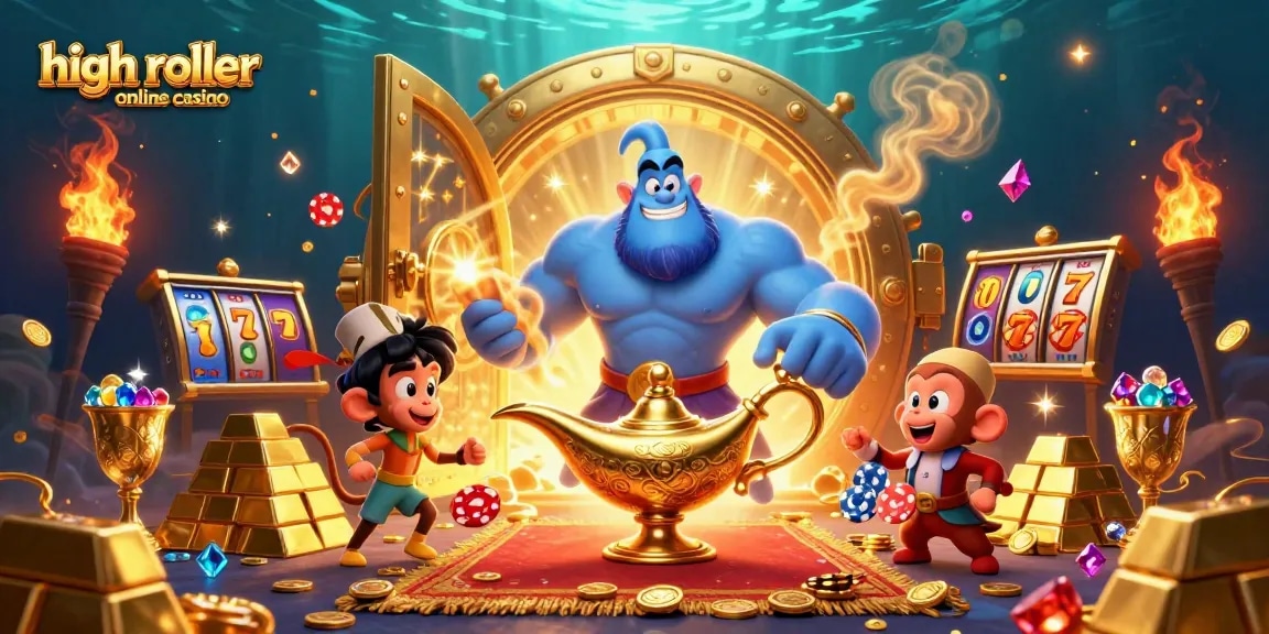 Experience the excitement of a high roller online casino with a vibrant 3D illustration featuring a blue genie and magic elements.