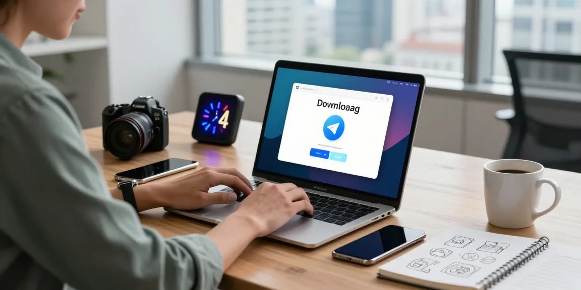 Professional workspace showing a user downloading Telegram Download on a laptop amid a modern tech setting.