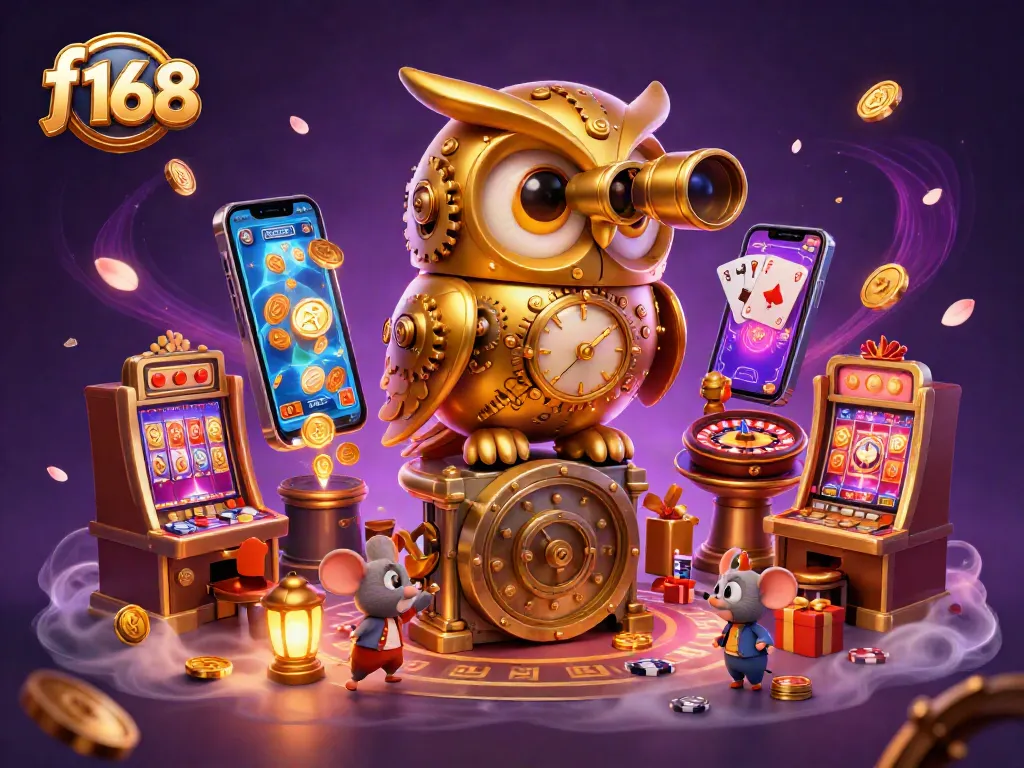 Experience thrilling action in f 168 with golden owl, slot machines, and vibrant casino elements.