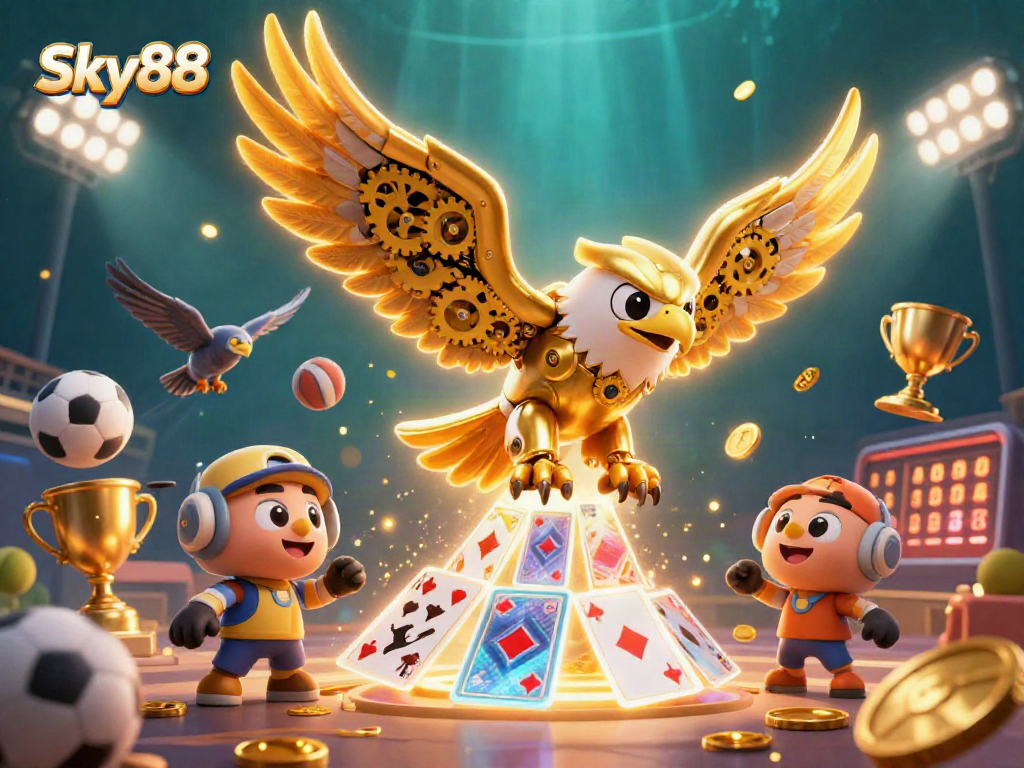 Sky88 offers a dynamic betting experience featuring a cybernetic eagle amidst sports elements and excitement.