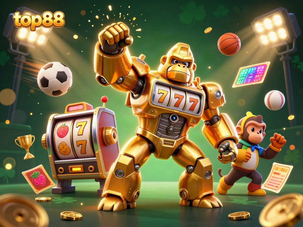 Experience thrilling gameplay with top88's golden gorilla mech and dynamic casino elements in vibrant 3D.
