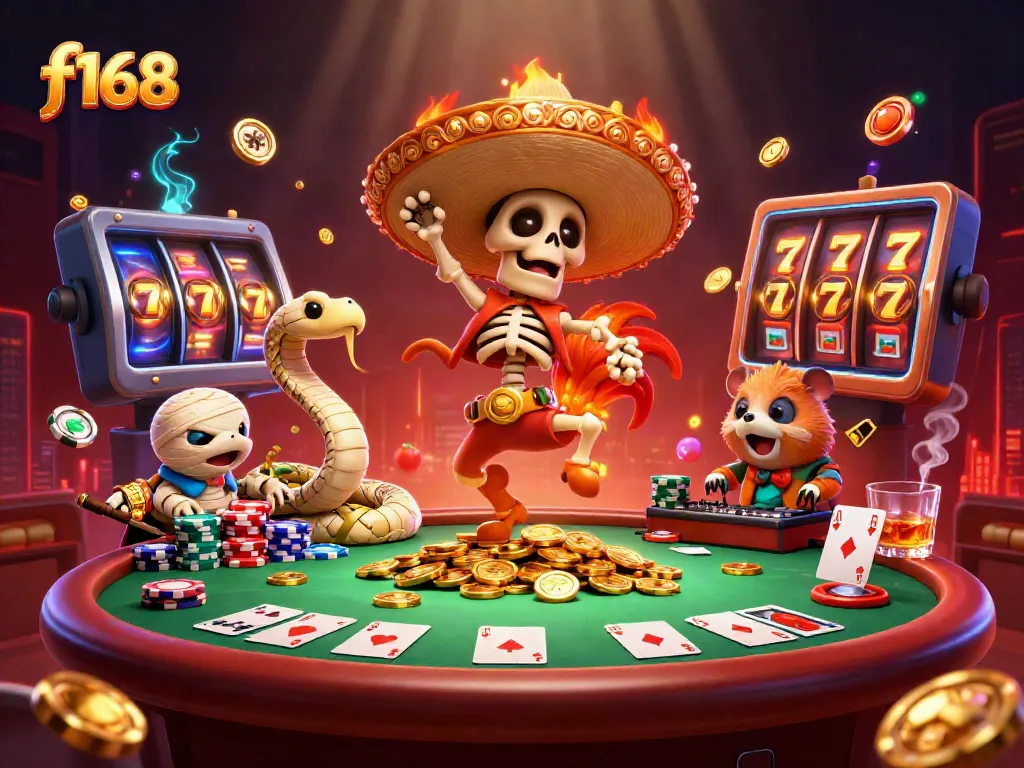 Engage with the vibrant f168 casino scene featuring animated characters in a playful gambling environment.