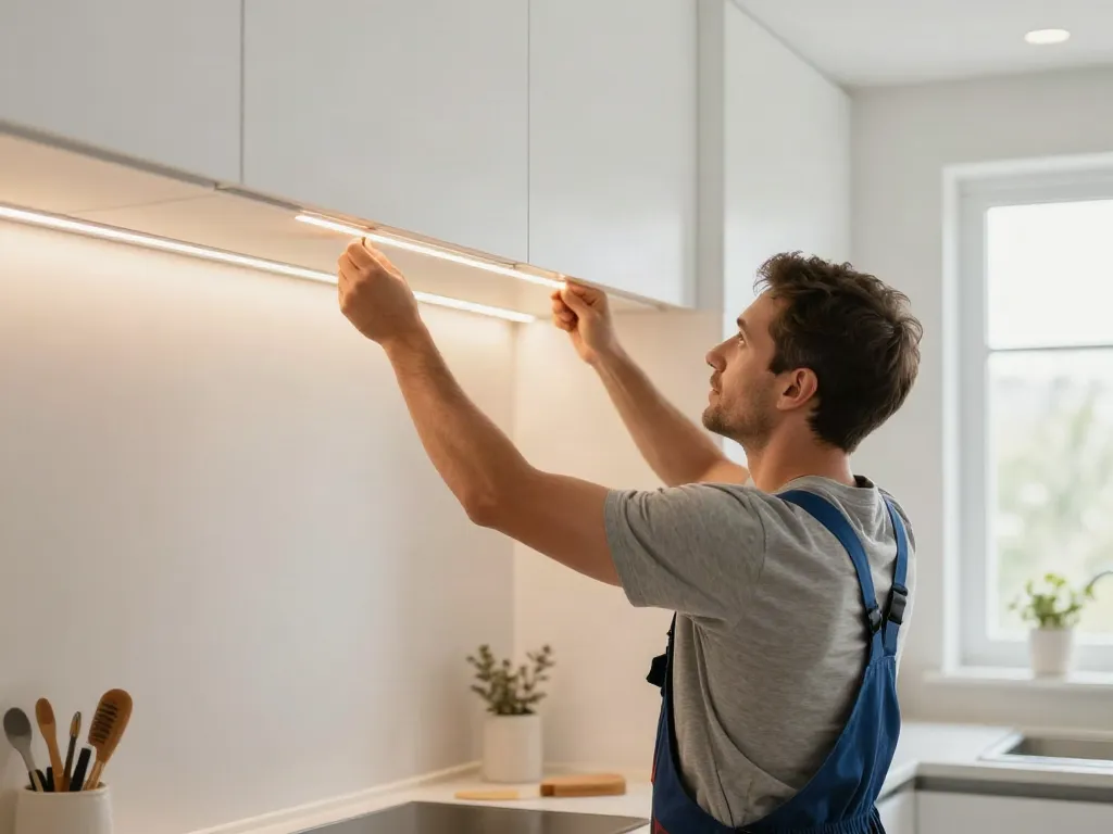 Banda led 220v instalată de un profesionist într-o bucătărie modernă.