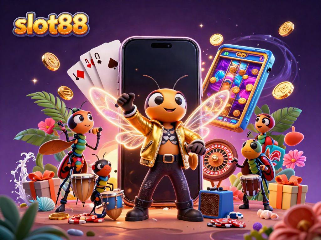 Experience the excitement of slot88 with a vibrant 3D scene featuring a rock star cicada and a colorful slot game.