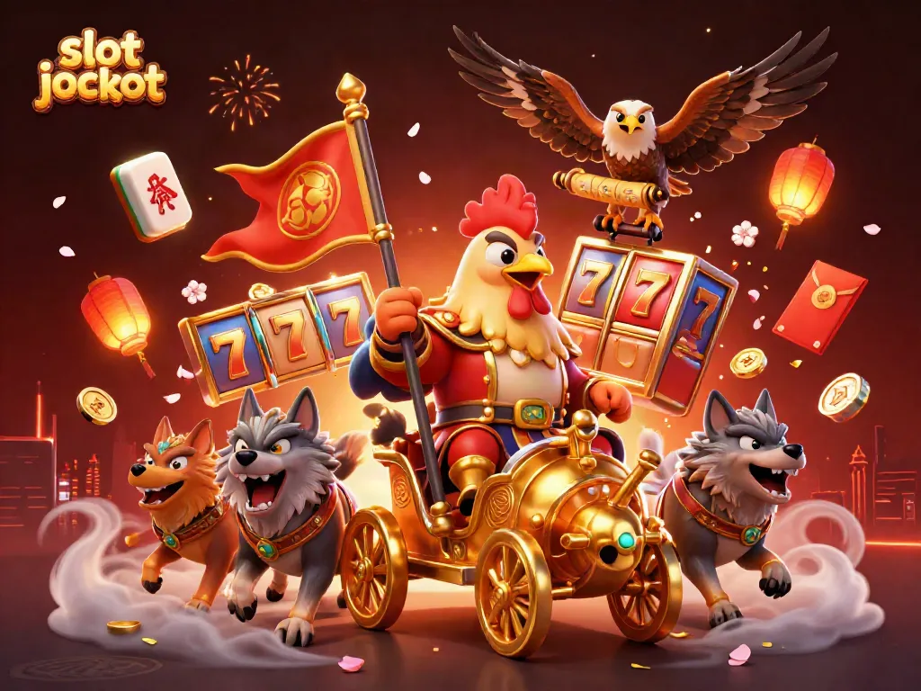 Experience slot jackpot excitement with a colorful scene of 3D characters and dynamic casino elements.