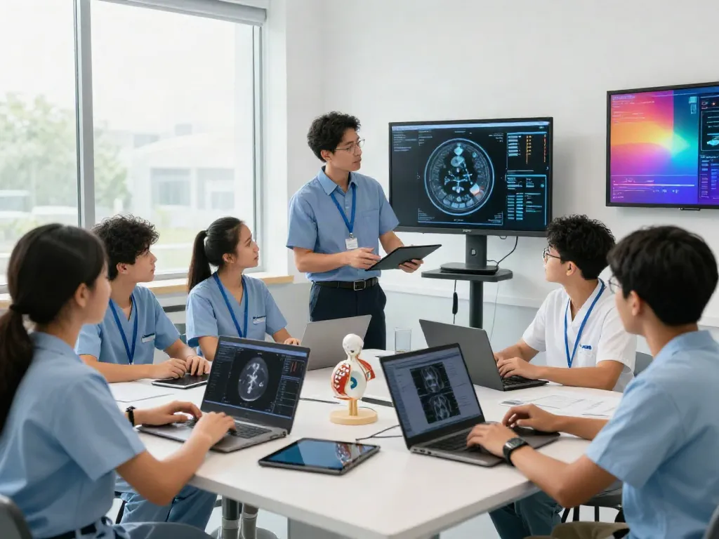 Students learning about rokok88 and medical imaging techniques in a modern classroom.