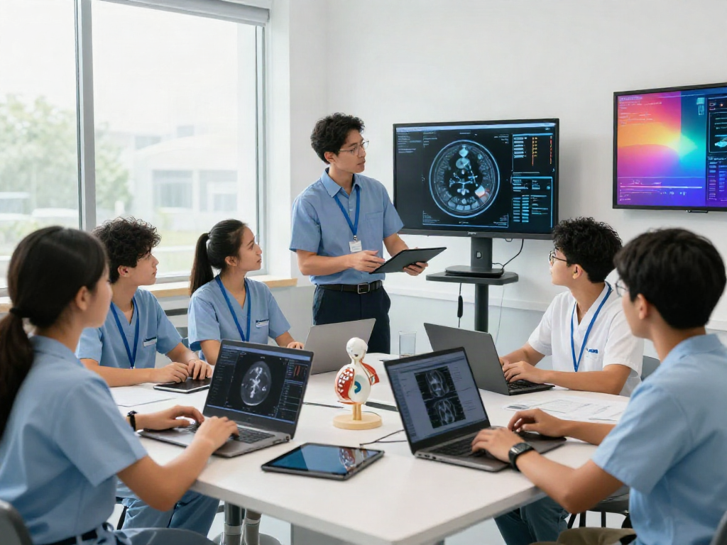 Students learning about rokok88 and medical imaging techniques in a modern classroom.