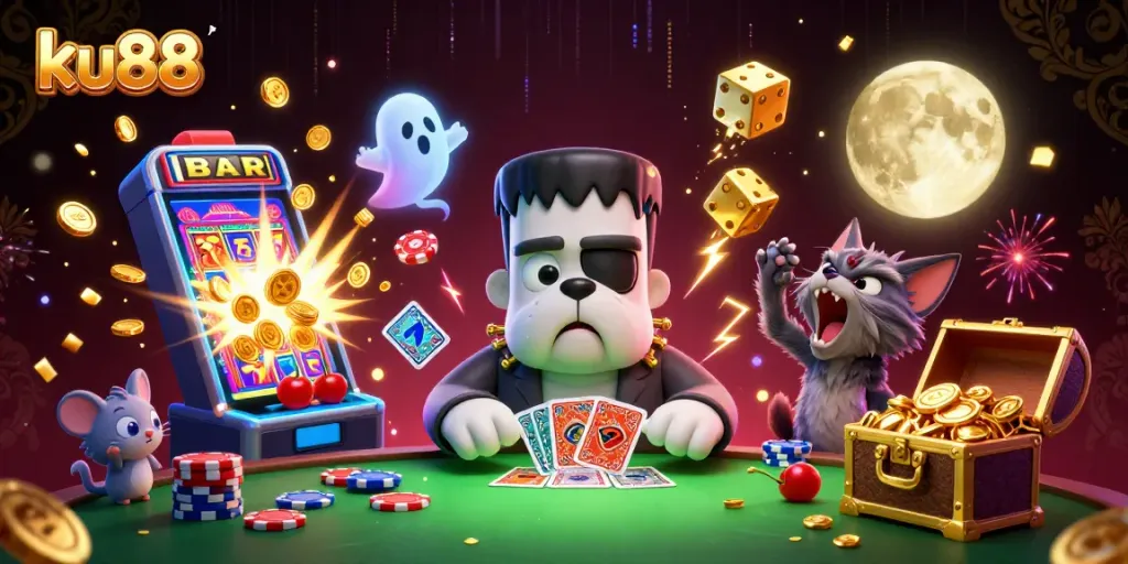 ku88 deals cards at a spooky casino table while ghostly elements enhance the excitement