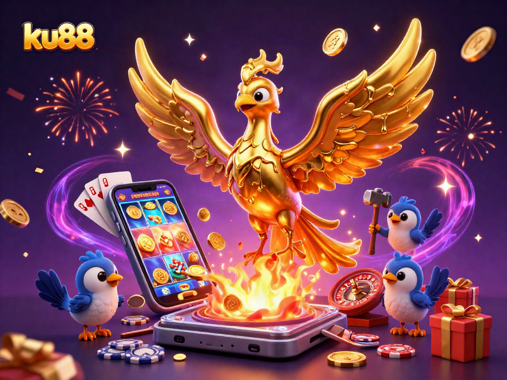 Experience thrilling games at ku88 with our vibrant 3D illustration of a golden phoenix and casino elements.