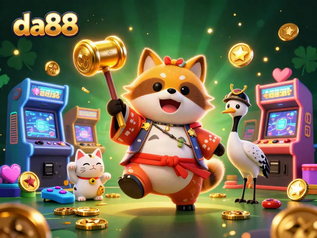 Experience da88 with vibrant cartoon characters celebrating in a colorful casino arcade.