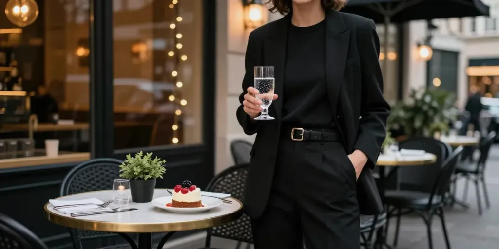 Elegant urban lifestyle scene showcasing rokok 88 with a chic black outfit amidst sparkling city lights.