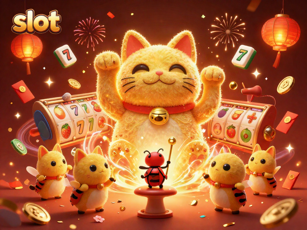 Experience exciting slot action with a golden lucky cat and vibrant casino symbols