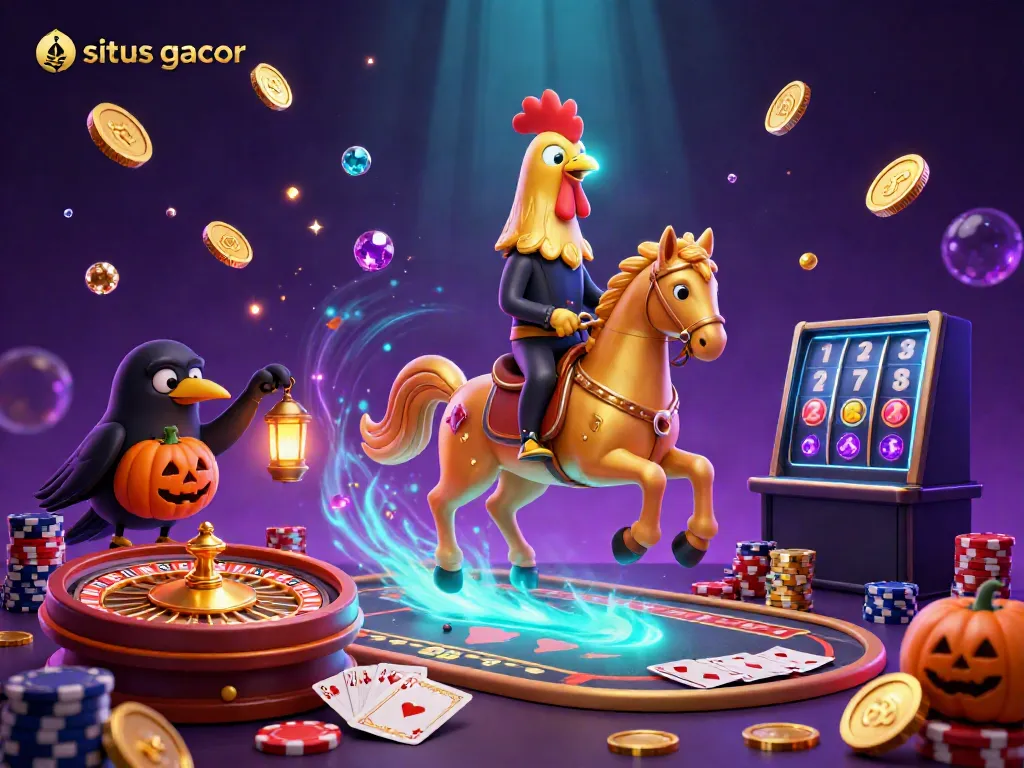 Experience excitement at situs gacor with a golden rooster in a vibrant casino, celebrating jackpot wins.