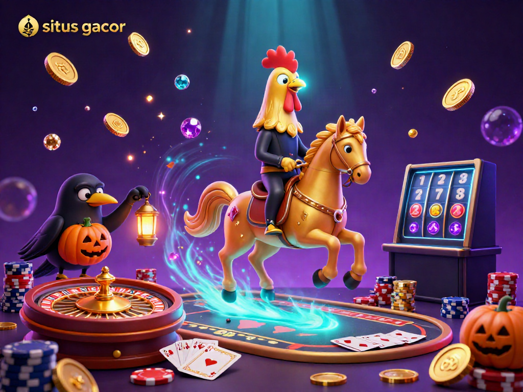 Experience excitement at situs gacor with a golden rooster in a vibrant casino, celebrating jackpot wins.