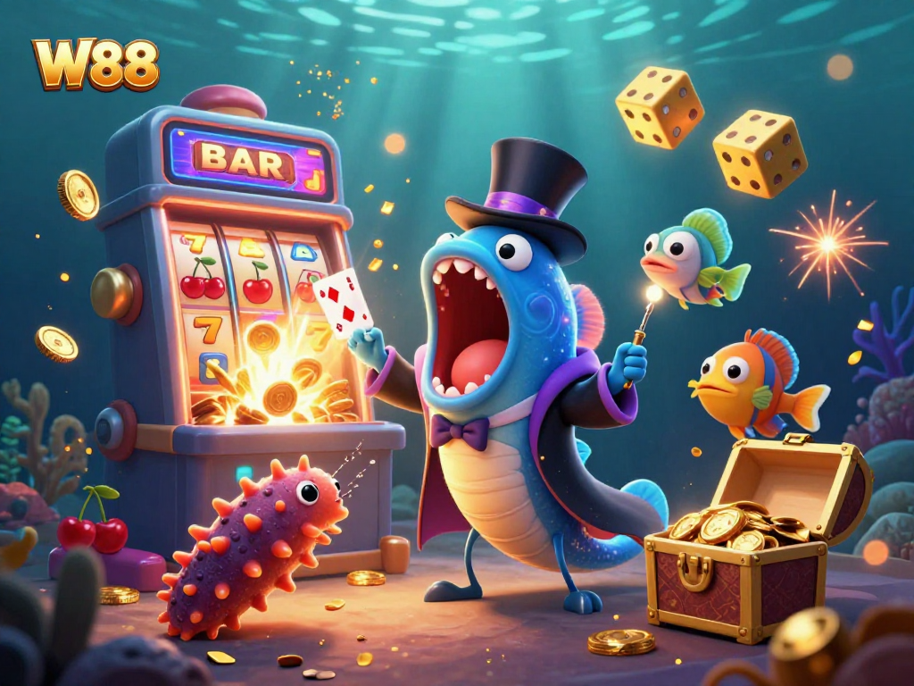Experience thrilling W88 slots with 3D underwater characters in a casino magic scene!