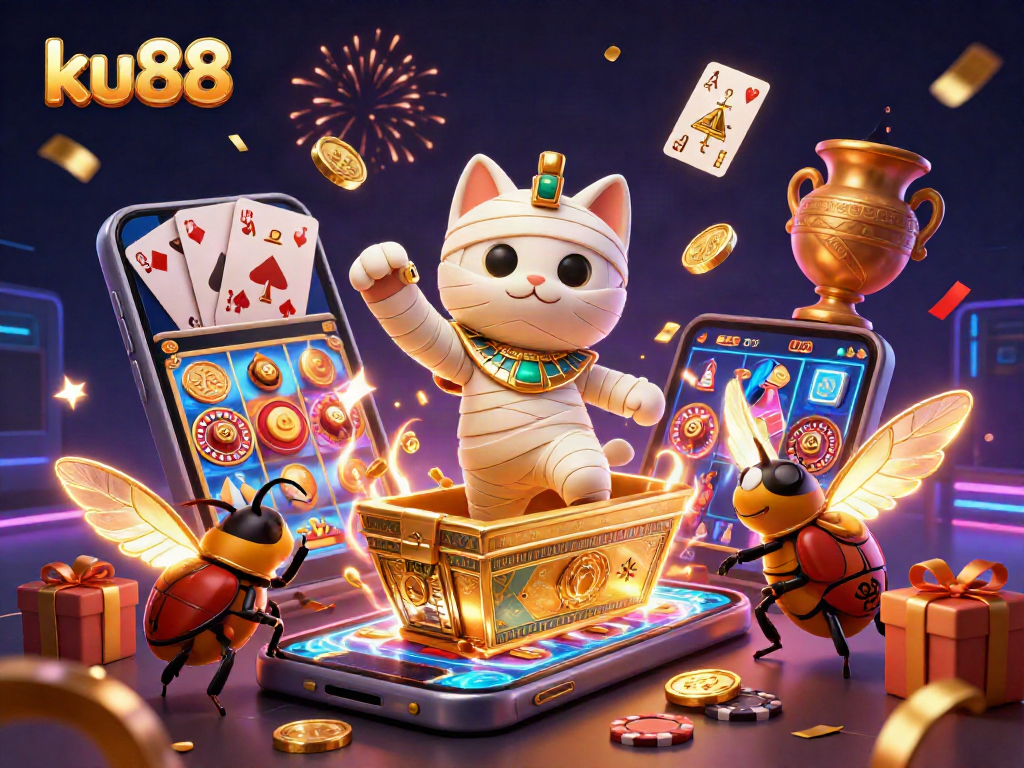 Play with ku88 in a vibrant 3D pyramid casino scene featuring a mummy cat and golden treasures.