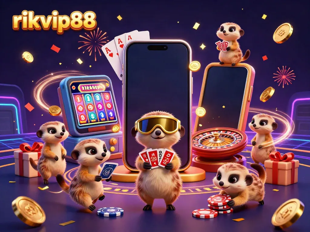 Experience the excitement of rikvip88 with meerkats managing a dynamic casino, full of vibrant gaming elements.