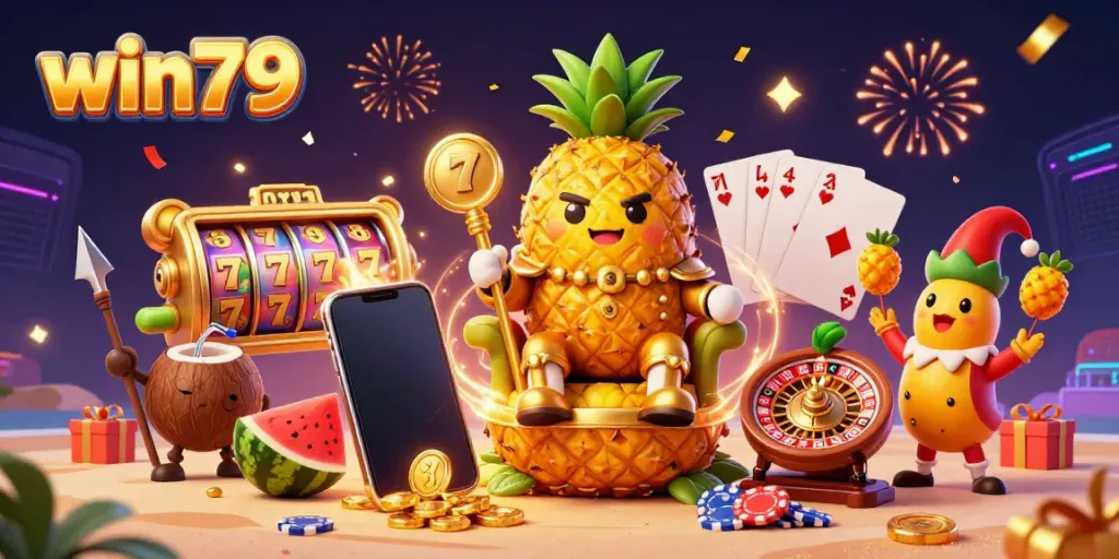 Engage with win79’s vibrant slot scene showcasing characters and festive elements in a dynamic beach casino.