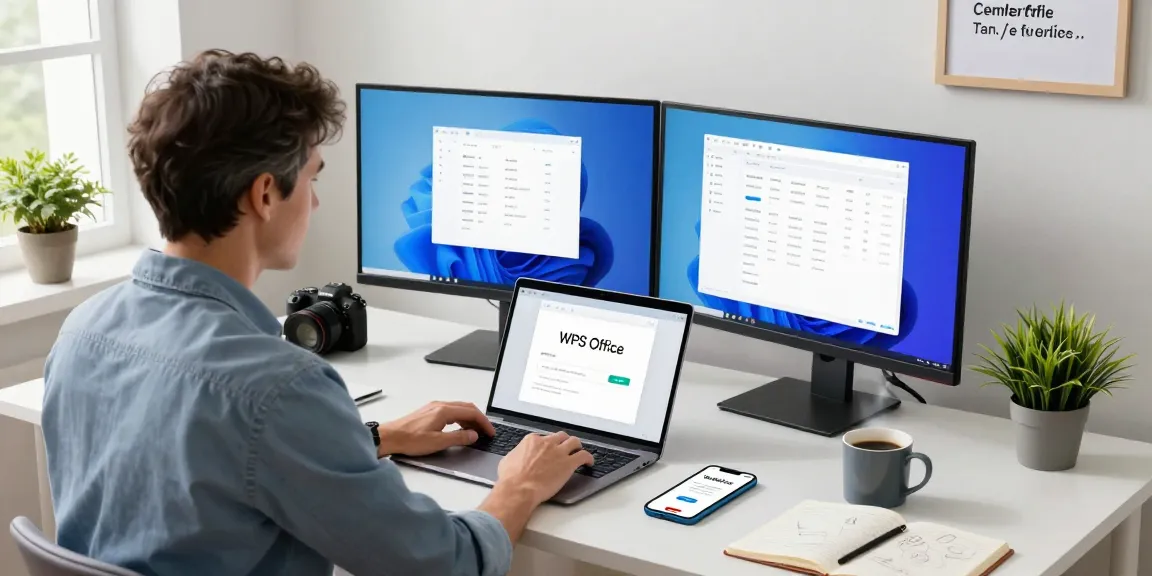 Download WPS Office on a laptop in a modern workspace with dual monitors and personal touches.