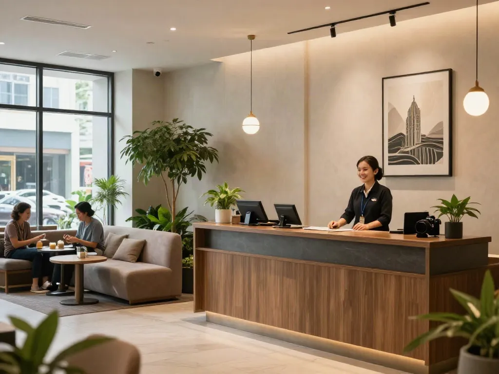Relaxing lobby at ROKOK88 showcasing the welcoming atmosphere for guests, featuring a friendly receptionist and stylish decor.