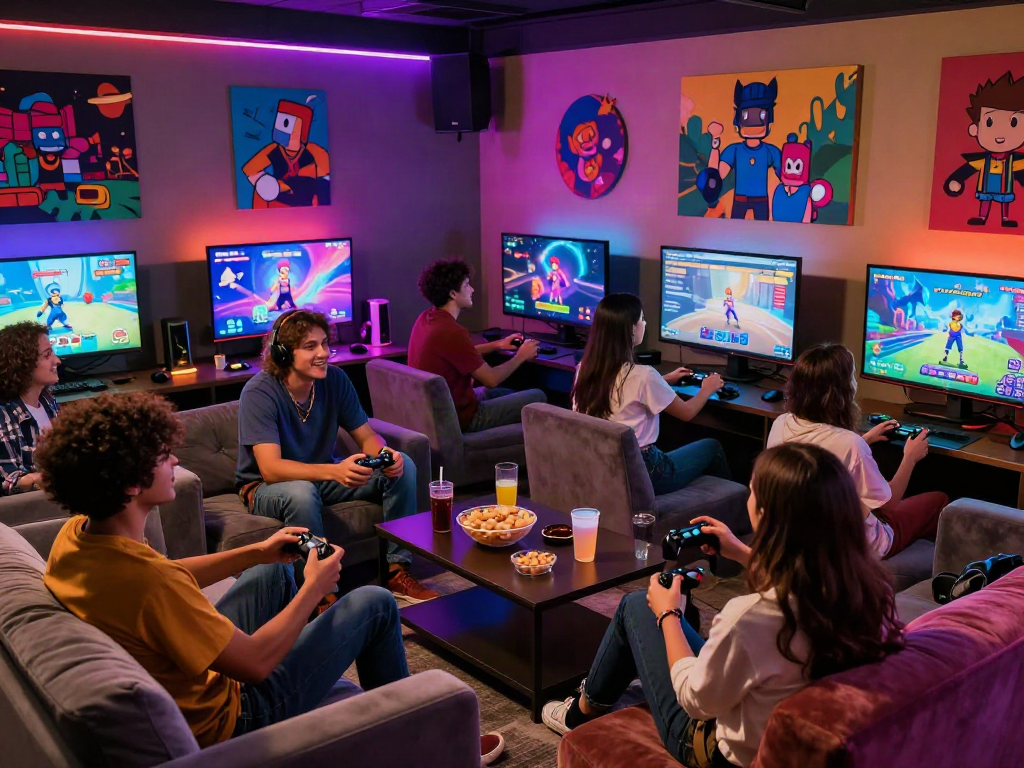 Friends engaged in lively sex games in a vibrant gaming lounge setting.