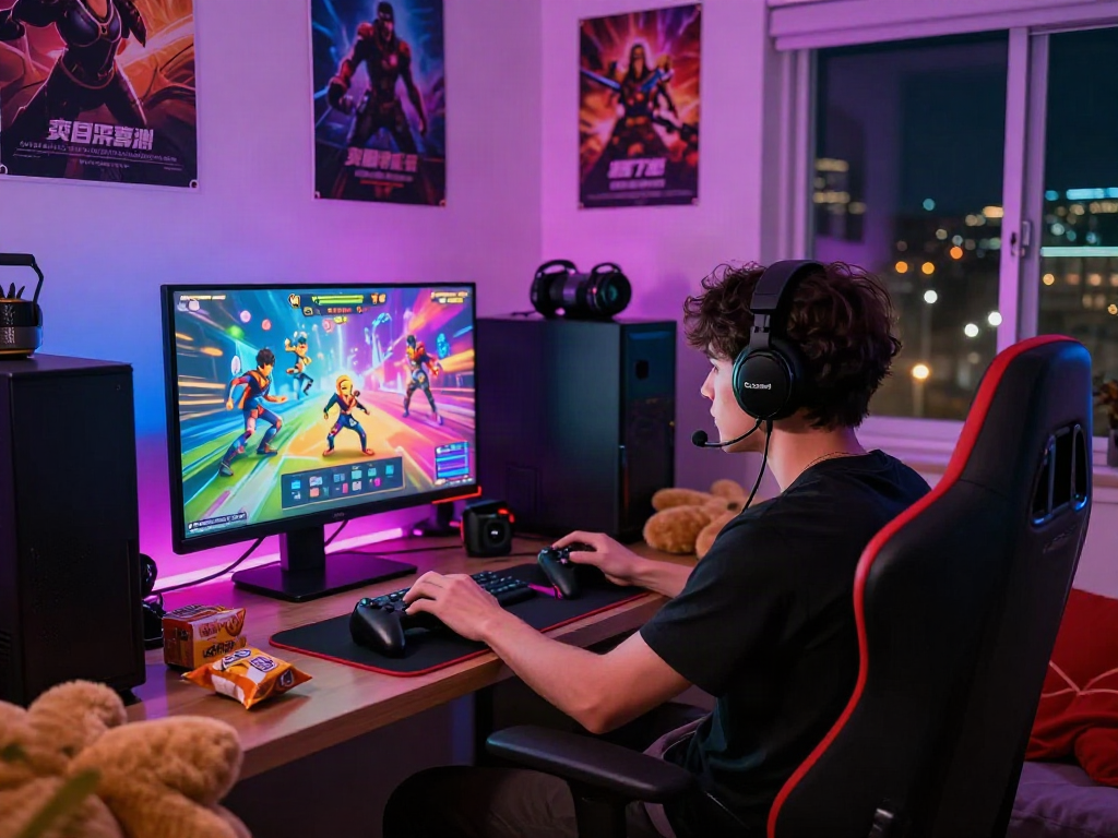 Gaming enthusiast engaged in a dynamic porn game experience with vibrant visuals and cozy setup.