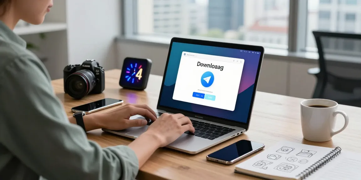 Professional workspace showing a user downloading Telegram Download on a laptop amid a modern tech setting.