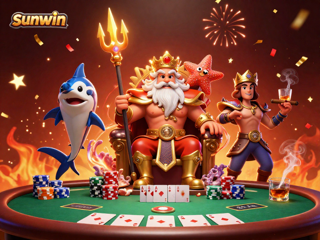 Engage with sunwin at a vibrant poker scene featuring Neptune and characters amidst chips and cards.