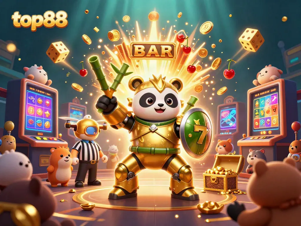 top88 showcases an exciting jackpot scene with a mech-panda fighting robot and bursting slot machine.