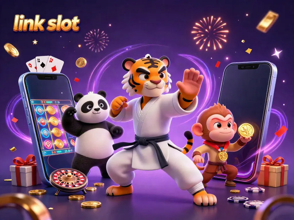 Spin to win with link slot on this vibrant casino-themed illustration featuring a kung fu tiger!
