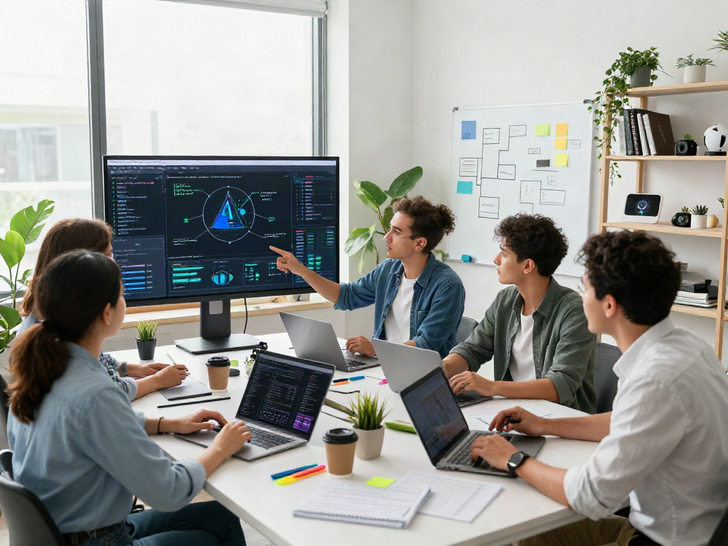 AI development team collaborating in a bright tech workspace showcasing crush ai innovations.